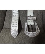 &quot;WHITE FAUX LEATHER BELT WITH ROWS OF CLEAR RHINESTONES&quot;&quot; - RHINESTONE B... - £8.56 GBP
