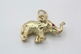 14K Yellow Gold Diamond Cut Design Hefty Elephant Charm Red Stone Pendant 4.5gr - £216.90 GBP