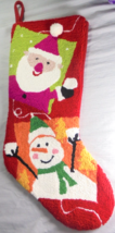 Christmas Stocking Needlepoint Embroidered Santa Claus Snowman Felt Back Red - $10.84