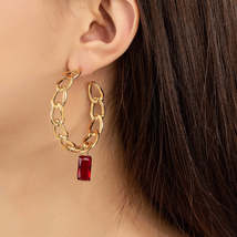 Red Crystal &amp; 18K Gold-Plated Curb Chain Hoop Huggie Earrings - £11.00 GBP