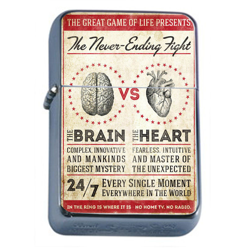Vintage Poster D212 Flip Top Oil Lighter Wind Resistant Flame Brain vs The Heart