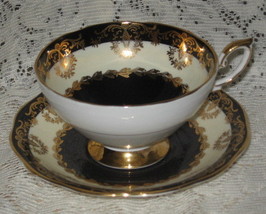 Royal Standard-Teacup Set-Black &amp; Ivory with Heavy Gold-Bone China-England - £29.75 GBP