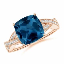 ANGARA Cushion London Blue Topaz Criss Cross Ring with Diamonds - £713.63 GBP