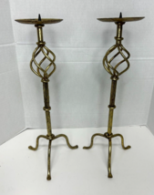 2 pc Set 17&quot; Antique Twisted Wrought Iron Candle Sticks Gold Rustic French Deco - £53.81 GBP