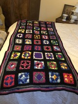 Vtg Granny Square Black Afghan Crochet Runner Bed Pillow Cover Topper 53x26&quot;  - £30.16 GBP