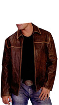 Men Brown Anitique Sanded Calf Leather Jacket With Flap Collar and Front... - $2,546.82 MXN