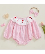 NEW Valentine&#39;s Day Embroidered Heart Baby Girls Bubble Romper Jumpsuit - $247.28 MXN