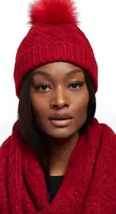 New York &amp; Co Women&#39;s Red Soft Knit Pom Pom Hat &amp; Infinity Scarf Winter Cap Ny&amp;Co - £14.23 GBP