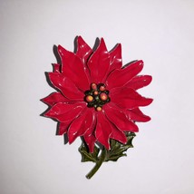 1960s Vintage Red Enameled Poinsettia Christmas Brooch Vtg Flower Holiday Pin 3&quot; - £15.69 GBP