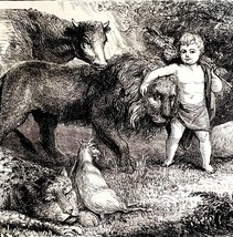 1880 Child Leading Lion Wolf Lamb Millennium Victorian Wood Engraving DWZ3C - $59.99