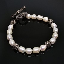 Elegant White Freshwater Baroque Pearl Silver Tone Beaded Toggle Bracelet - £19.48 GBP