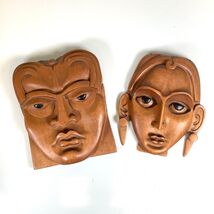 Pair Hand Carved Wood Tribal Face Masks African Wall Art MCM Boho Decor 8” - $68.59