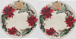 Set Of 2 Round Braided Cotton Placemats (15&quot;) Christmas Poinsettia Flowers, Hc - £11.07 GBP