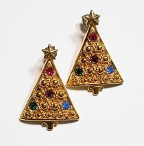 Vintage Gold Tone Avon Christmas Tree Earrings With Rhinestones - £8.01 GBP