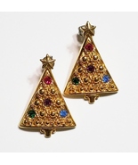 Vintage Gold Tone Avon Christmas Tree Earrings With Rhinestones - £8.04 GBP
