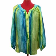 Scilla by Dora Landa 100% Silk Gold Green Poet Sleeve Button Up Blouse Top Sz M - £19.56 GBP
