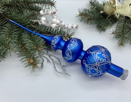 Big blue with silver glitter Christmas glass tree topper, Christmas finial - $23.35