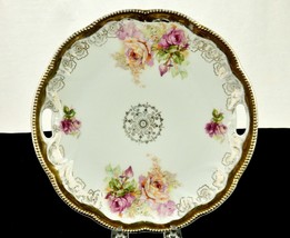 Vintage Porcelain 9&quot; Serving Plate, Pink &amp; Red Roses, Gold Trim, Open Handles - £15.62 GBP