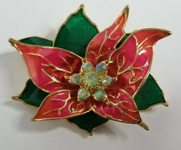 Red &amp; Green Poinsetta Enamel Christmas Flower Vintage Signed FOB Pin Brooch - £11.73 GBP