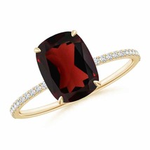 ANGARA Thin Shank Cushion Cut Garnet Ring With Diamond Accents - £711.14 GBP