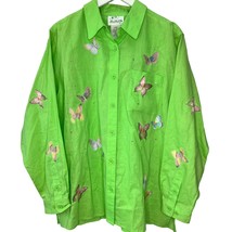 Quacker Factory Womens Linen Blend Button Up Blouse Green Butterfly Sequ... - £43.48 GBP