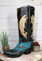 Western Fishing Angler Bass Fishes Cowboy Cowgirl Boot Vase Planter Figu... - $34.99