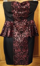 NWOT Manito Burgundy Velvet Floral Sweetheart Sleeveless Peplum Dress Size Small - £40.18 GBP