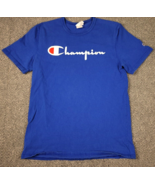Champion Shirt Mens Medium Blue Graphic Logo Script Spellout Tee Cotton - £10.20 GBP
