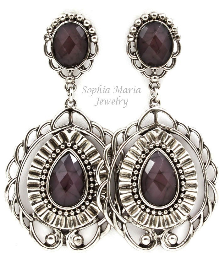 Primary image for Black filigree tear drop faceted bead fashion earrings silver tone