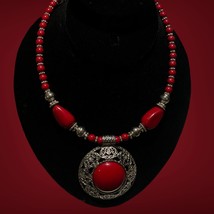 Silver tone red collar necklace with chunky round pendant / BOHO 18” - £14.15 GBP