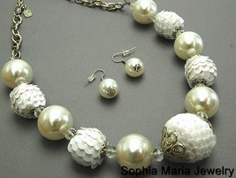 White Pearl Sequin Ice NECKLACE SET COSTUME JEWELRY - £13.29 GBP
