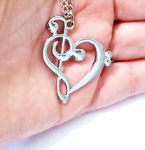 Treble Clef Necklace, Musical Note Pendant, Music Lover Gift, Heart Love SILVER  - £22.36 GBP