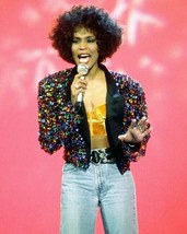 Whitney Houston sings on stage in colorful jacket &amp; jeans 4x6 photo - $6.99