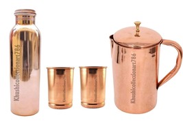 Copper Smooth Water Pitcher Jug Brass Knob 1500ML Bottle Tumbler Glass S... - £47.19 GBP