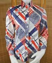 Vintage Plaid Print Button Up Top Womens S 70s Polyester Knit Long Sleev... - $20.14
