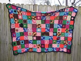 Vintage Crochet Wool Patchwork Blanket Plaid Throw Granny Square Handmade 56x41 - $48.23