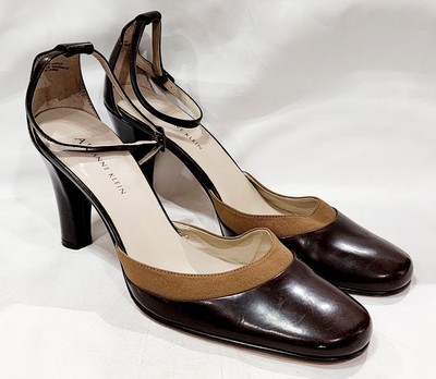 Anne Klein AK BROWN LEATHER Heel Pump Ankle Strap Buckle Fabric Trim 9 M... - $35.64