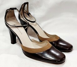Anne Klein AK BROWN LEATHER Heel Pump Ankle Strap Buckle Fabric Trim 9 M... - $677.40 MXN