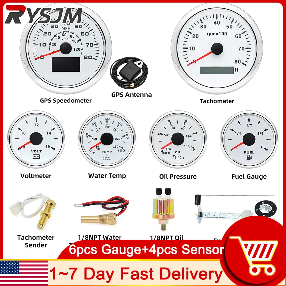 85mm + 52mm Gauge Kit Tachomter GPS Speedometer Water Temp Oil Press Voltmeter - £149.23 GBP+