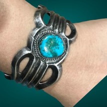 Vtg Navajo Sandcast Sterling Silver Turquoise Cuff Bracelet 6.5”/1” Open... - £673.53 GBP