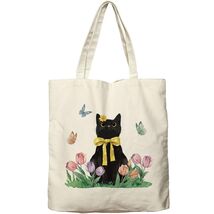 Dlzdn Spring Cat Tulip Floral Tote Bag Black Reusable Grocery Beach Bag - $3.58 Dlzdn Spring Cat Tulip Floral Tote Bag Black Reusable Grocery Beach Bag - $3.58
