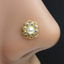 Flor Estilo Indio Amarillo Real Oro 14K Blanco Perla Cz Nariz Anillo Empuje Pin - £36.16 GBP