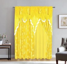 Sara Flowers Yellow Curtains Windows Panels With Attached Valance 2 Pcs Set - £39.46 GBP