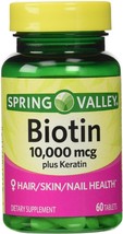 Spring Valley Biotin Dietary Supplement, 10,000 Mg with 100 Mg Keratin, 60 Table - £20.72 GBP