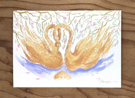 Two Loving Golden Swans in Acrylics Greeting Card - £10.82 GBP