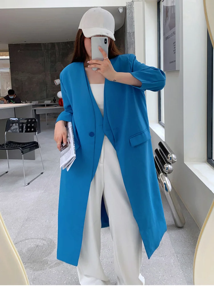 LANMREM  Trench Coat Women V Neck Stitching Solid Blue Pink Color Fashion Long W - £289.12 GBP