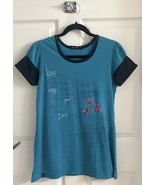 Acme Womens Top Size M Teal Blue Embroidered Tee Shirt Ruched Sleeve Sli... - £14.70 GBP
