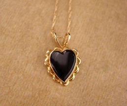 14k yellow gold onyx heart necklace - 14k gold chain  - birthday for her - sweet - £194.75 GBP