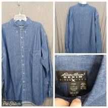 Vintage Eddie Bauer Denim Shirt Mens XLT Teal Blue Long Sleeve Cotton US... - $13.55