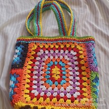 fashion contrasting color grandmother plaid straw woven bag paper crocheted one- - £38.63 GBP